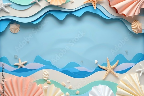 Paper frame with a beach theme, featuring shells and starfish cutouts, isolated on white