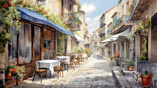 watercolor picturesque street with terraced caf  s abstract decorative painting