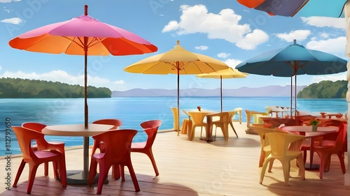  A tranquil outdoor cafe overlooking a scenic lake  with colorful umbrellas shading tables where patrons enjoy cups of iced coffee. 
