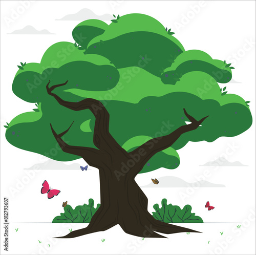 Tree of Life, Amazing Banyan Tree with butterfly. Morning landscape. Abstract Soft Focus. Tree vector illustrations, roots, banyan tree isolated on white background. 993