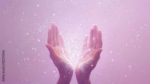 the Magic of Healing female parallel hands witha burst of white light between and outwardly flowing sparkles on a pink purple background with plenty of copy space , generative ai photo
