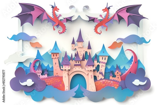 Paper frame featuring a fairy tale theme with dragons and castles  isolated on white