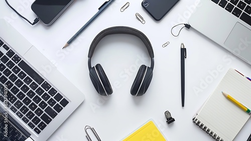 Layout on the topic of working process or education on a white background with notepad pen laptop computer mouse tablet hole punch headphones pencil : Generative AI