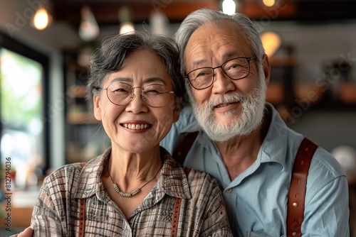 Tranquil scene: an elderly couple smiling happily as they stand in the background of an independent living community and look at the camera. The look is full of joy and confidence in the future