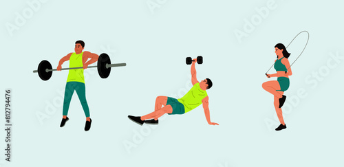 People in sportswear in the gym. Man, and woman in fitness apparel, holding dumbbells. Flat hand-drawn vector illustrations isolated on a white background