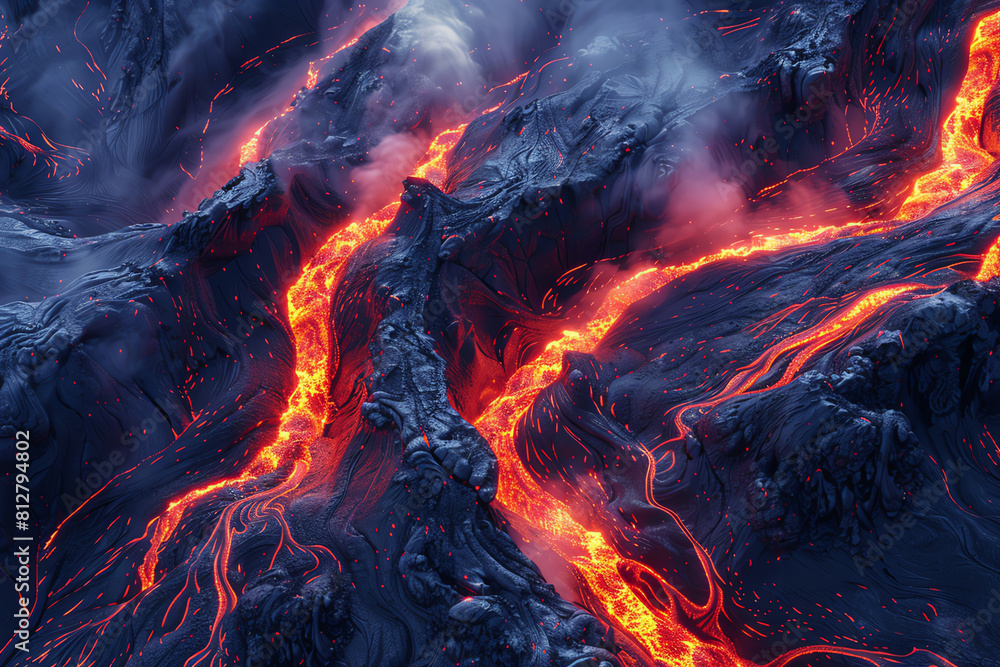 Low angle view of a volcanic extraterrestrial landscape with lava flows and ash clouds, top view, Volcanic fury, cybernetic tone, Complementary Color Scheme Low angle view of a volcanic extraterrestrial landscape with lava flows and ash clouds, top view, Volcanic fury, cybernetic tone, Complementary Color Scheme