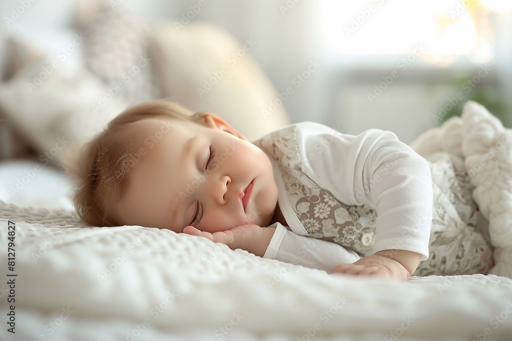 In a tender moment captured in a portrait, a cute little baby peacefully sleeps in bed, lying on their belly with eyes gently closed. The tranquility of the scene radiates comfort and innocence, invit In a tender moment captured in a portrait, a cute little baby peacefully sleeps in bed, lying on their belly with eyes gently closed. The tranquility of the scene radiates comfort and innocence, invit