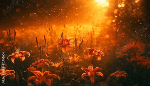 An image of Orange Tiger Lilies flowers field during a golden hour