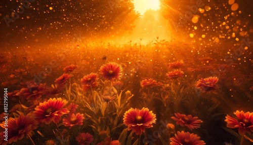 An image of Perennial Gaillardias flowers field during a golden hour