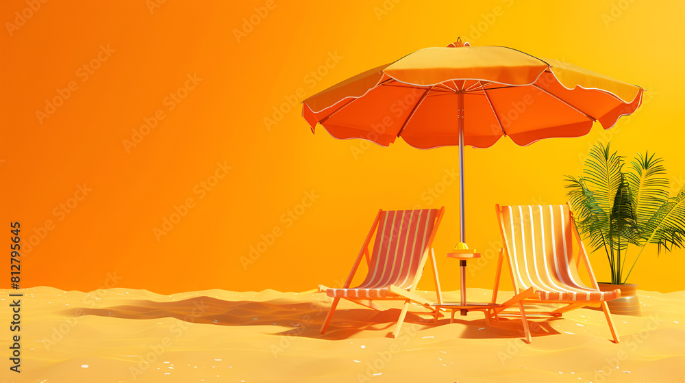 Two beach chairs with parasol on lush orange summer background , generative ai