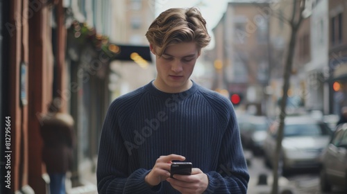 A Young Man Texting Outdoors