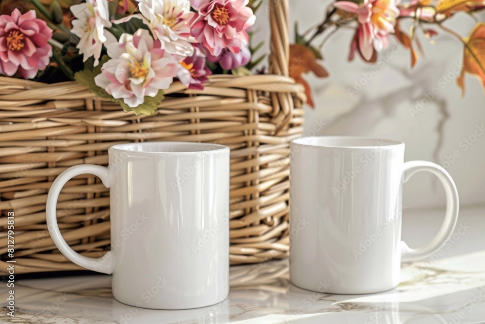 Mockup of two coffee mugs elegantly paired with a basket of fresh flowers, perfect for adding a touch of charm to any setting Mockup of two coffee mugs elegantly paired with a basket of fresh flowers, perfect for adding a touch of charm to any setting
