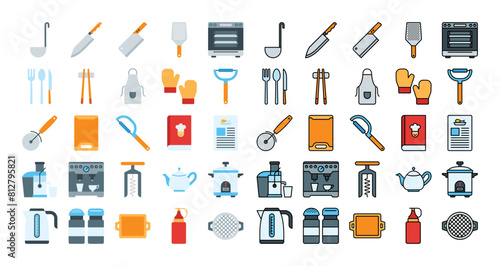 Kitchen icon set in flat and filled line style. Suitable for apps, web design etc.