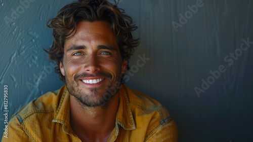 A photo of a handsome man, smiling with teeth, in the style of hyperrealism photo