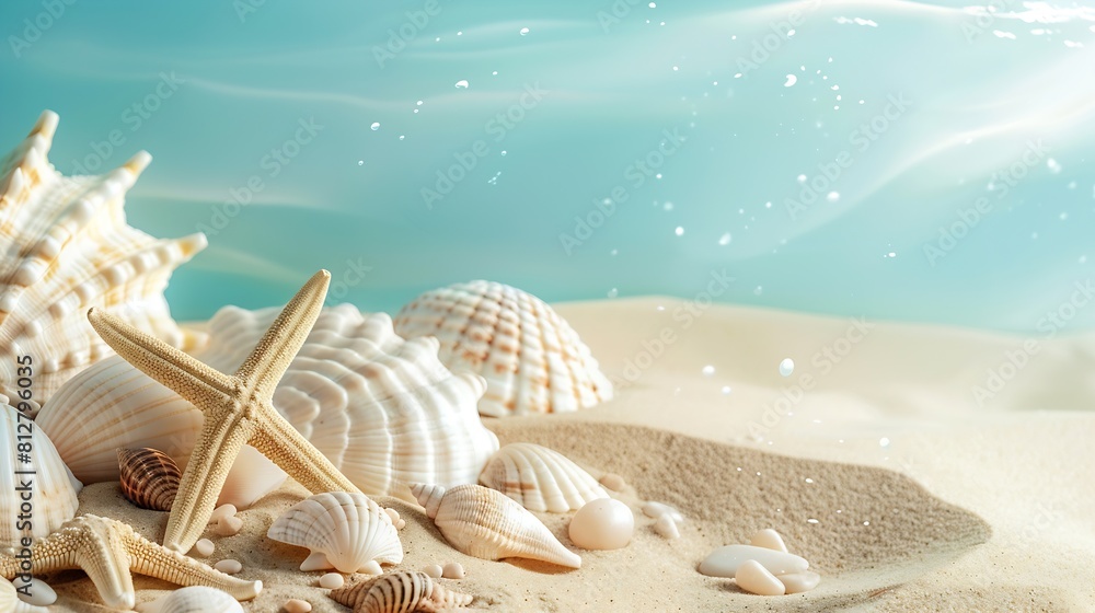 Summer composition with pebbles starfish and sea shells on blue background with sand copy space Summer vacation and beach concept template : Generative AI Summer composition with pebbles starfish and sea shells on blue background with sand copy space Summer vacation and beach concept template : Generative AI