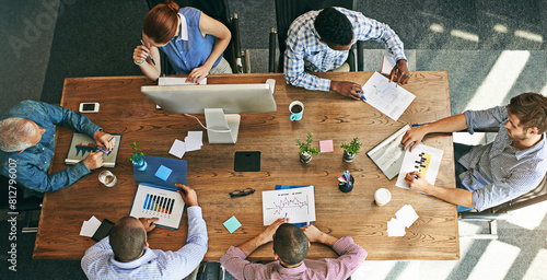 Obraz na plátne Business people, meeting and top view for office brainstorming with graphs, statistics or review