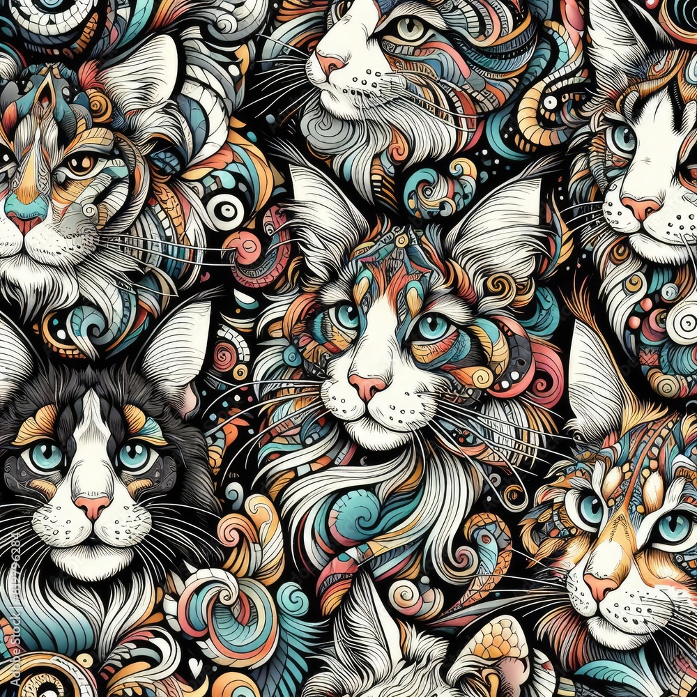 A pattern of cats with swirls image attractive harmony has illustrative meaning illustrator. A pattern of cats with swirls image attractive harmony has illustrative meaning illustrator.