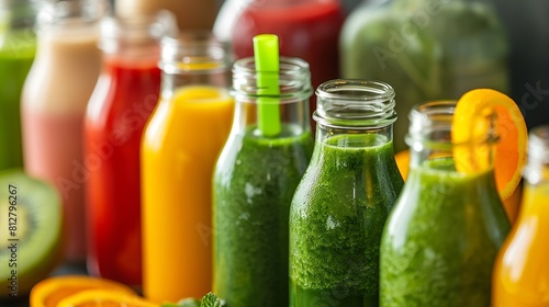 Fresh detox fruit and vegetable smoothies or juice in bottles with various ingredients around essential nutrition part of a wellness program   Generative AI