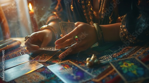 tarot cards card fortune telling tarot layouts woman telling fortunes woman making a layout : Generative AI photo