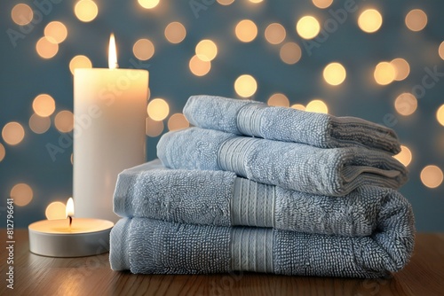 Featuring a three towels on a wooden table in front of a candle