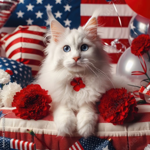 A white cat with blue eyes and red and white flowers image photo photo photo card design illustrator.