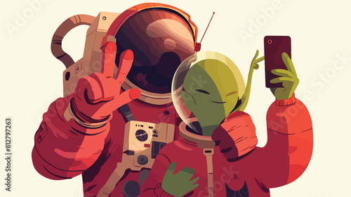 Cartoon astronaut and green alien taking selfie tog photo