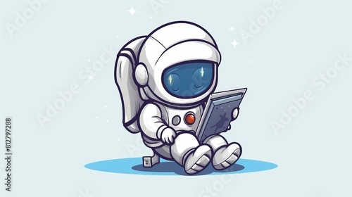 Cute astronaut reading newspaper on moon in space cartoon vector icon illustration science isolated  © MOUISITON