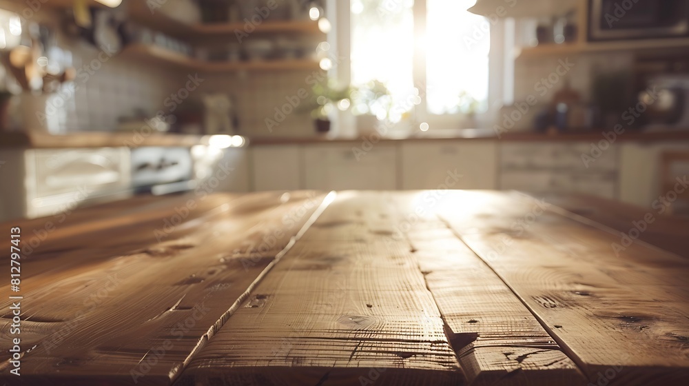 Beautiful natural wooden table with kitchen background : Generative AI