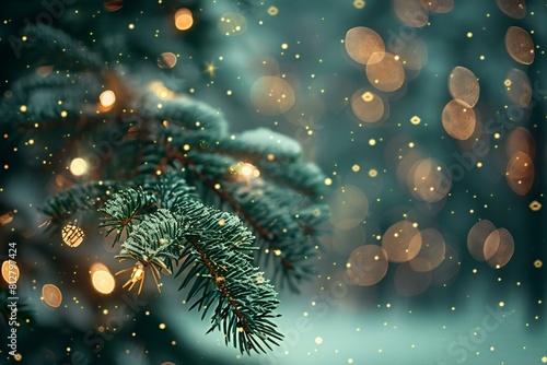 Digital artwork of photo of fir tree in winter with lights in the background