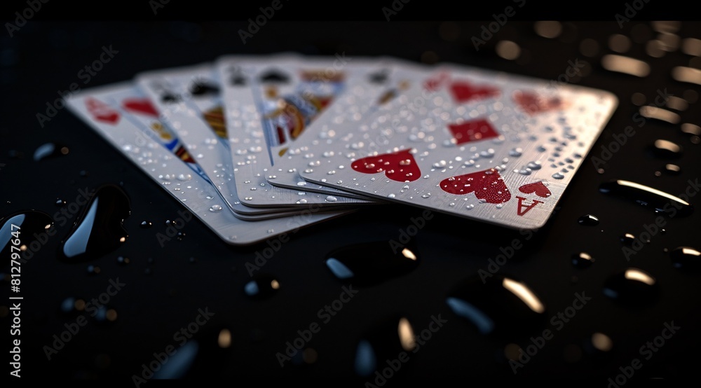 Sleek Close-up of Playing Cards Surrounded by Water Drops Sleek Close-up of Playing Cards Surrounded by Water Drops