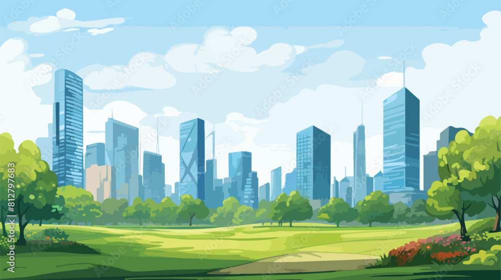 Cartoon city landscape on summer day - modern flat