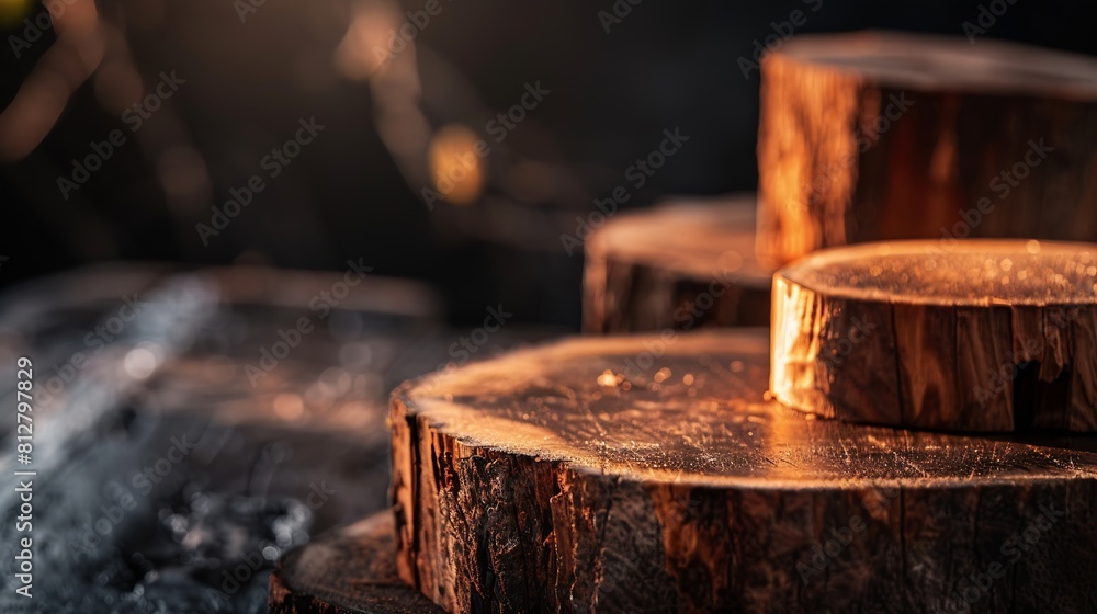 Rustic wood pieces podium Background for perfume jewellery cosmetic products or food Front view : Generative AI Rustic wood pieces podium Background for perfume jewellery cosmetic products or food Front view : Generative AI