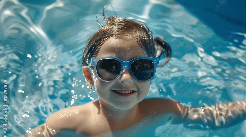 Smiling cute little girl in sunglasses in pool in sunny day : Generative AI