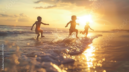 happy kids playing on beach at the sunrise time : Generative AI