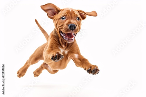 Jubilant Puppy in Mid-Air  High-Resolution Portrait