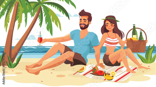 Cartoon couple on beach vacation picnic by the sea