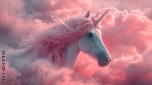 Majestic Unicorn Soaring Through Ethereal Pink Clouds in Dreamlike Celestial Landscape