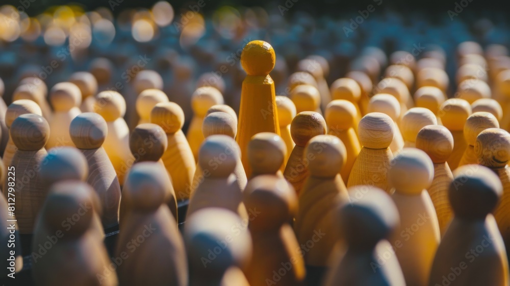 Obraz premium Thinking outside the box. Individual approach. Leadership and individuality. Wooden person figure stands out from crowd.