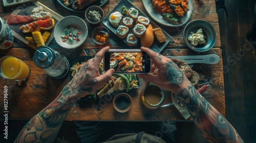 Person Capturing Food Array photo