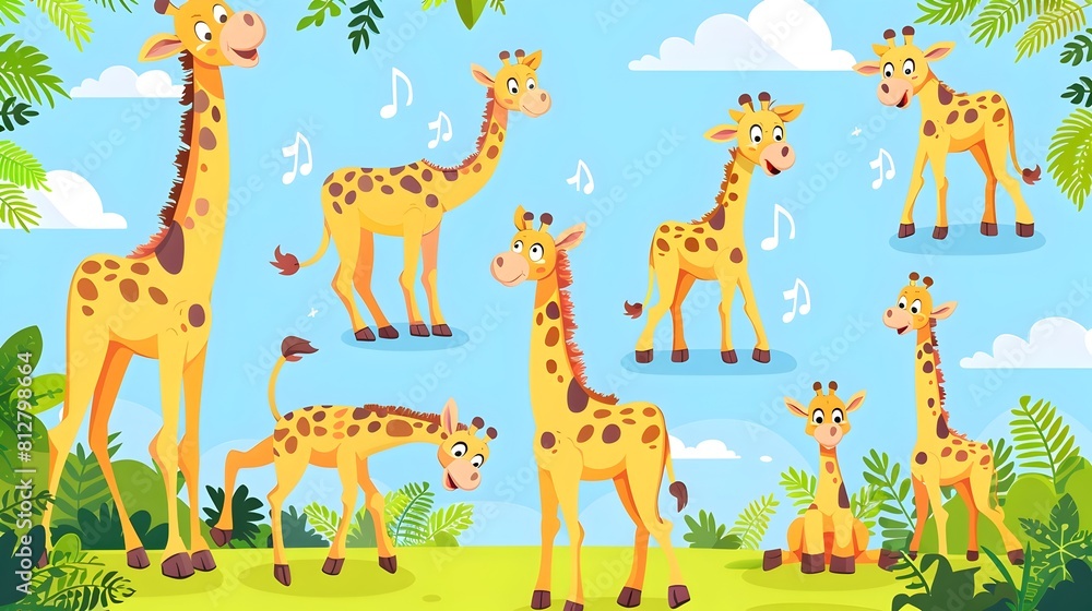 Fototapeta premium Herd of Cute Cartoon Giraffes in Lush Jungle with Clouds
