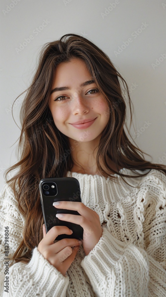 Beautiful Young Woman with Cell Phone, Smiling, Against Light Gray Background Beautiful Young Woman with Cell Phone, Smiling, Against Light Gray Background