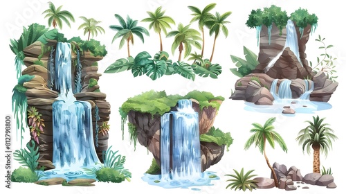 Lush Tropical Oasis with Cascading Waterfalls and Serene Pools Surrounded by Lush Vegetation and Towering Palm Trees in a Pristine Jungle Landscape