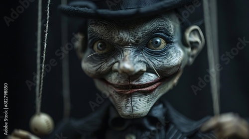 Creepy Clown Doll with Detachable Puppet Hands, Set Against Gothic Backdrop