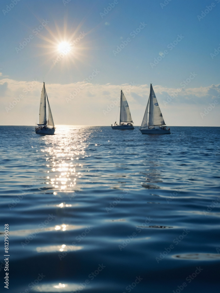 Nautical Dream, White Sailboat Drifts Through Tranquil Blue Ocean.