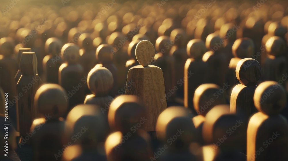 Fototapeta premium Thinking outside the box. Individual approach. Leadership and individuality. Wooden person figure stands out from crowd.