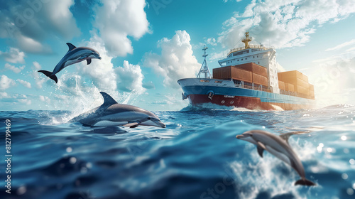 A cargo ship sailing at sea with dolphins photo