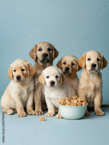 Adorable Group of Puppies Sitting with Treats in Blue and Beige Color Palette