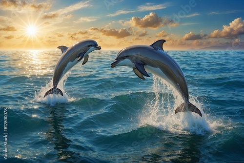 Two dolphins jumping out of the water in the ocean