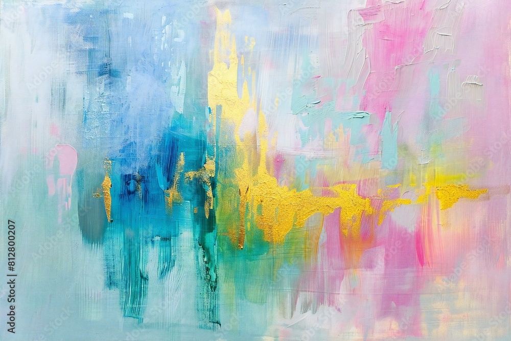 Abstract painting with pink, yellow, blue and green colors