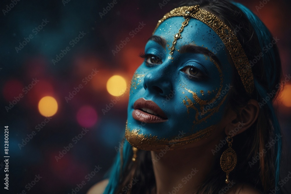 A woman with blue face paint and gold jewelry A woman with blue face paint and gold jewelry